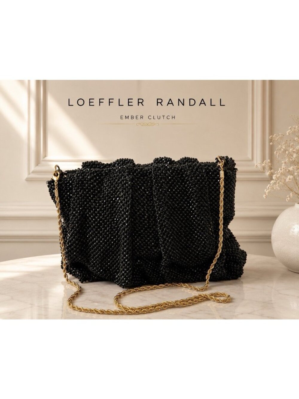Loeffler Randall Ember Black Crystal Mesh Ruched Clutch Crossbody Evening Bag